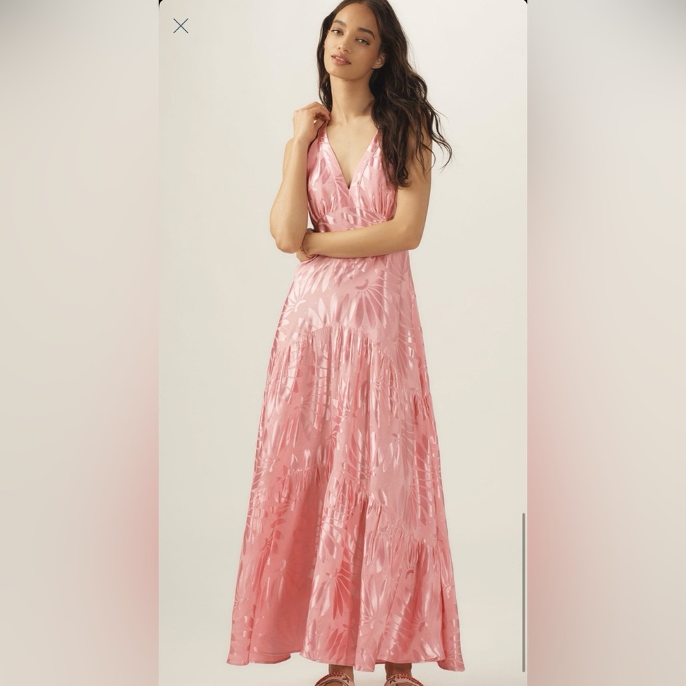 Farm Rio x Anthropolgie v-neck tiered maxi dress in pink, size XS petite